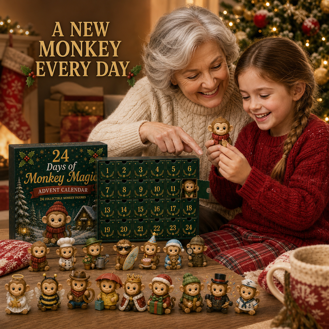Grandparent and child enjoying Monkey Advent Calendar together