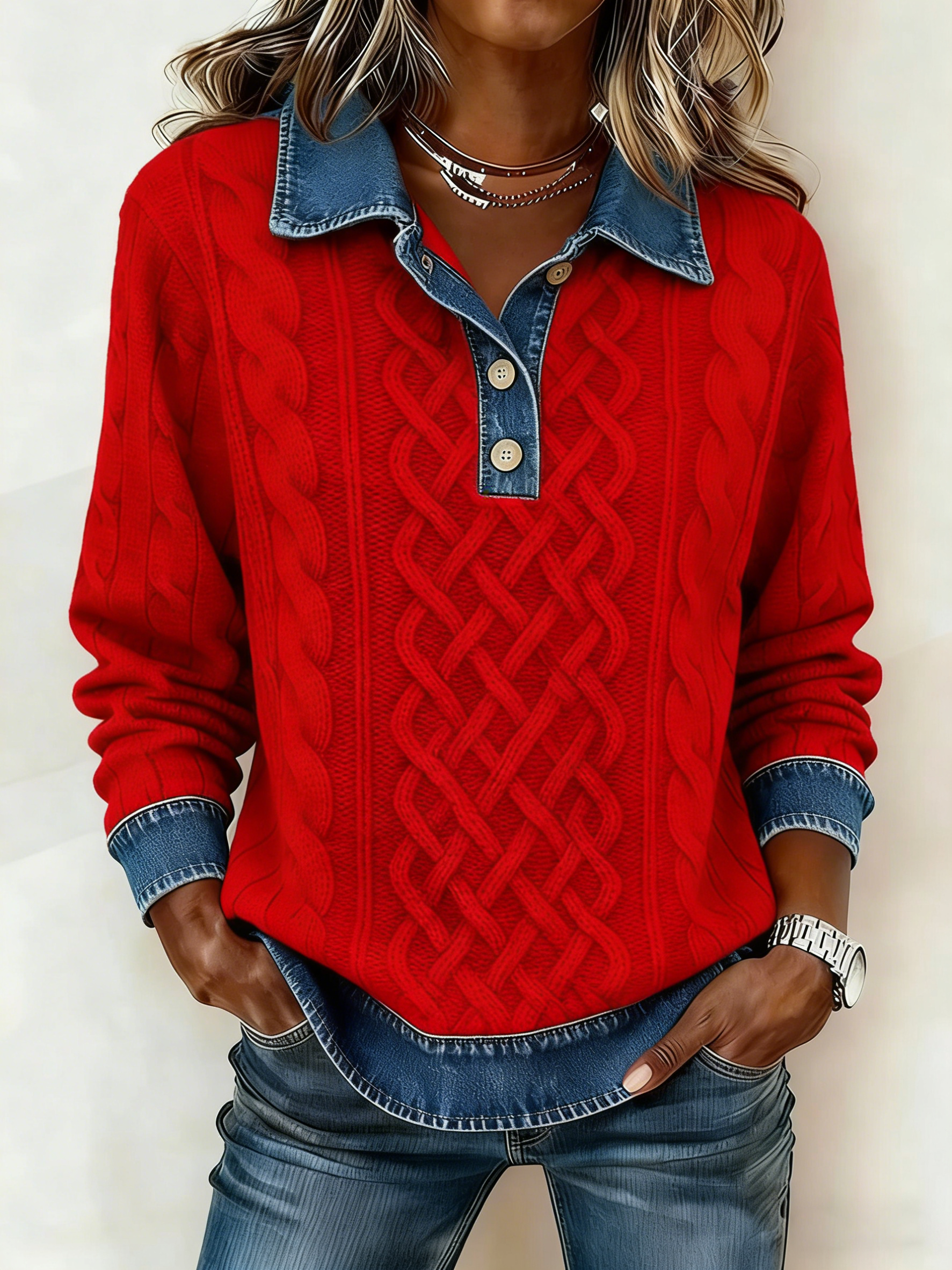 Clearance Sale! 🔥 Women's Cashmere Knit Collared Denim Top