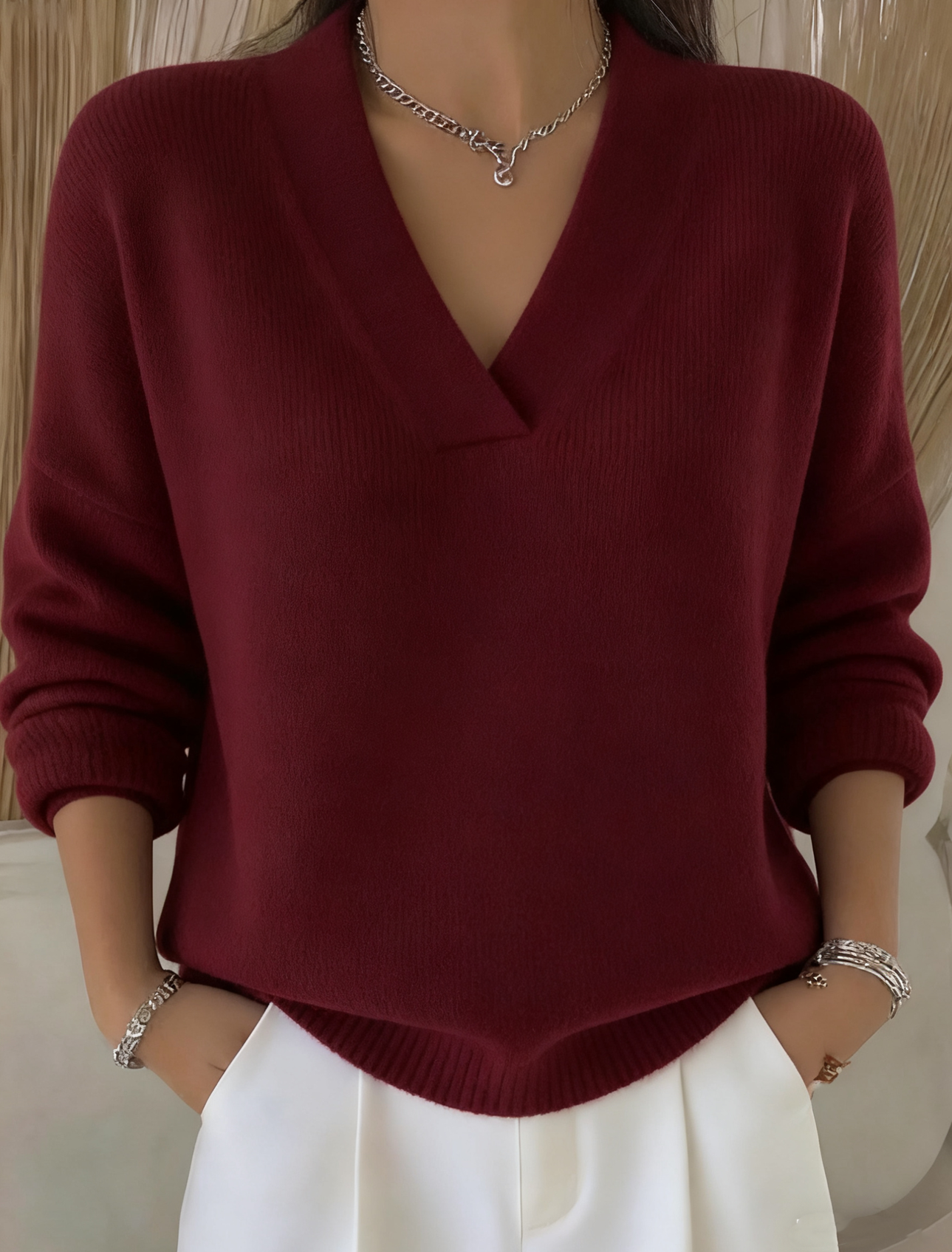 Women's Casual Solid Color V-neck Sweater Top