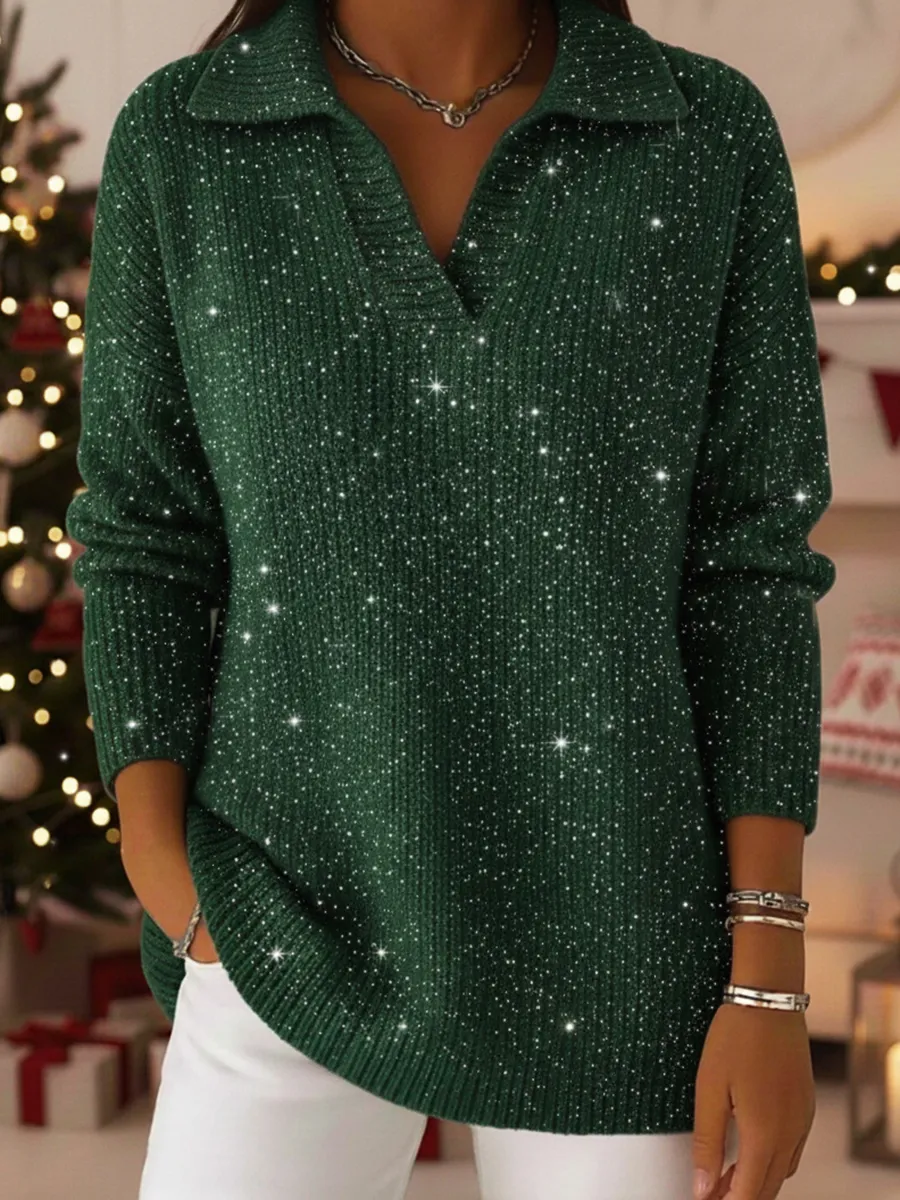 🎄 New Arrivals🔥Christmas Party Polo Collar Shiny Loose Sweater Top