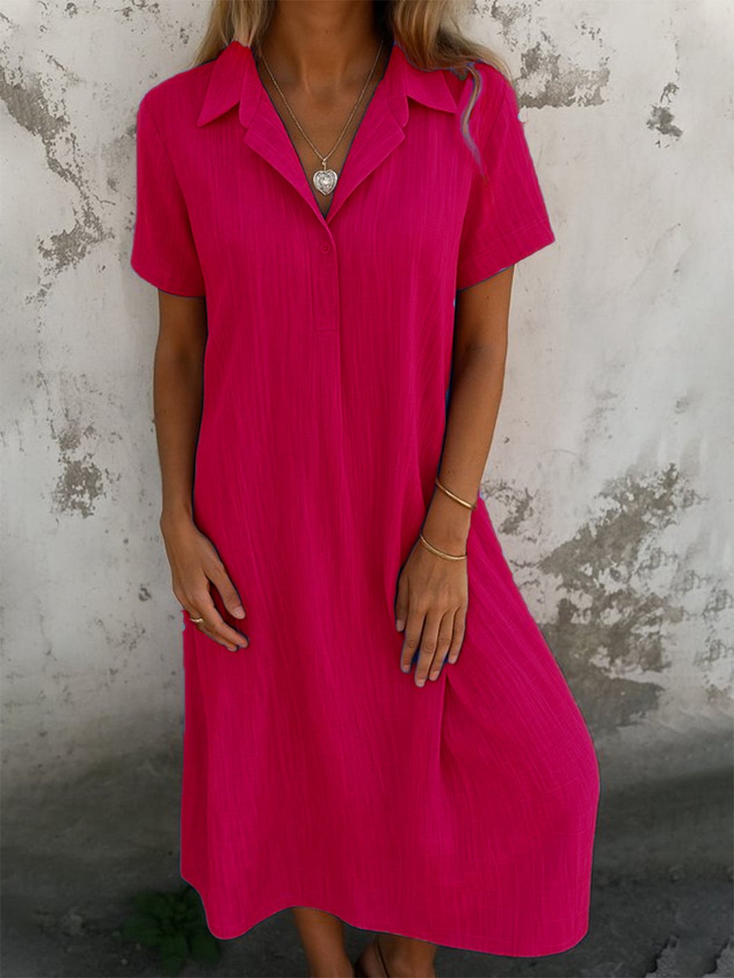 Women Plain Short Sleeve Summer Dress Shirt Collar Daily Casual Maxi A-Line Dress