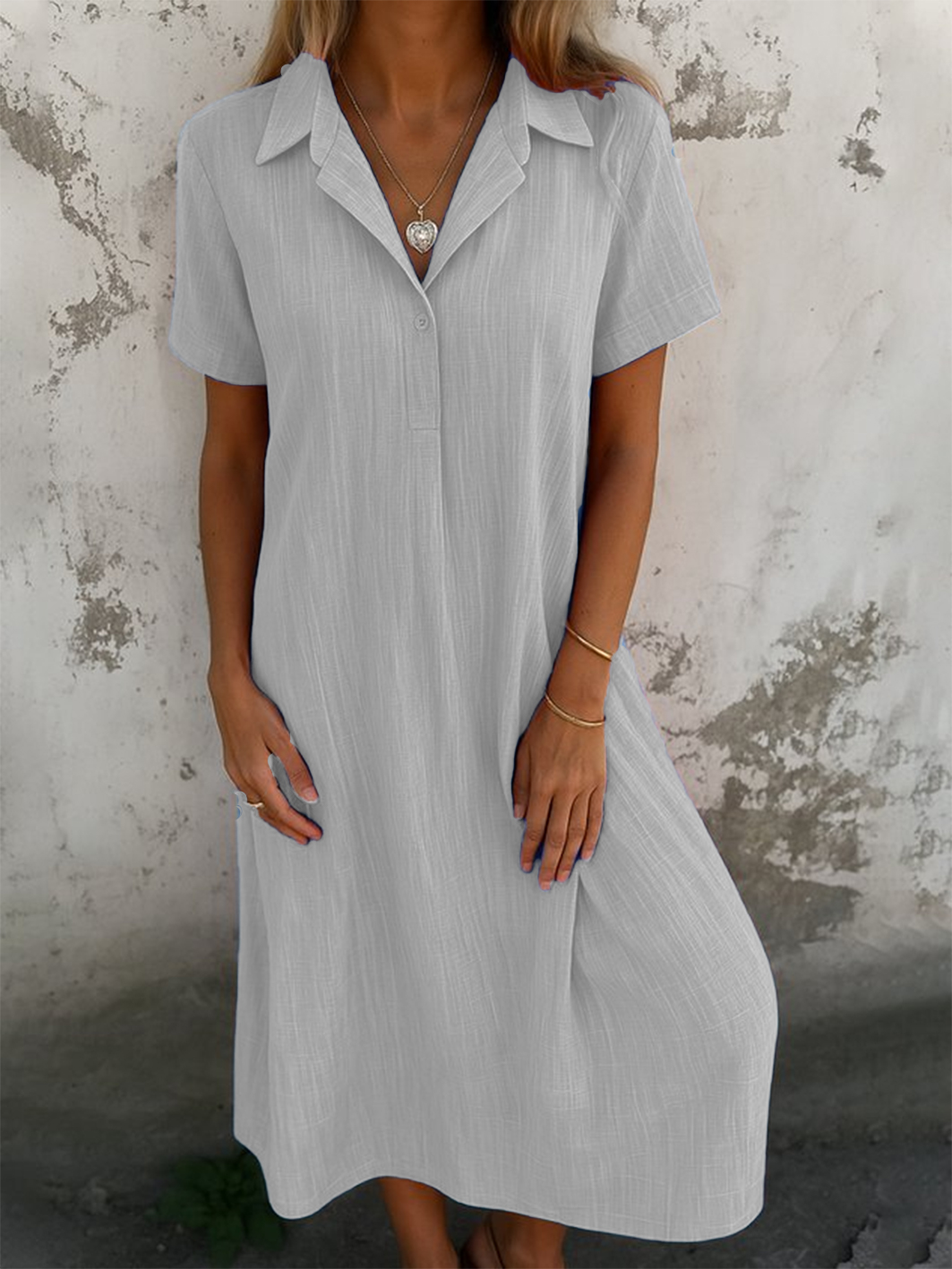 Women Plain Short Sleeve Summer Dress Shirt Collar Daily Casual Maxi A-Line Dress