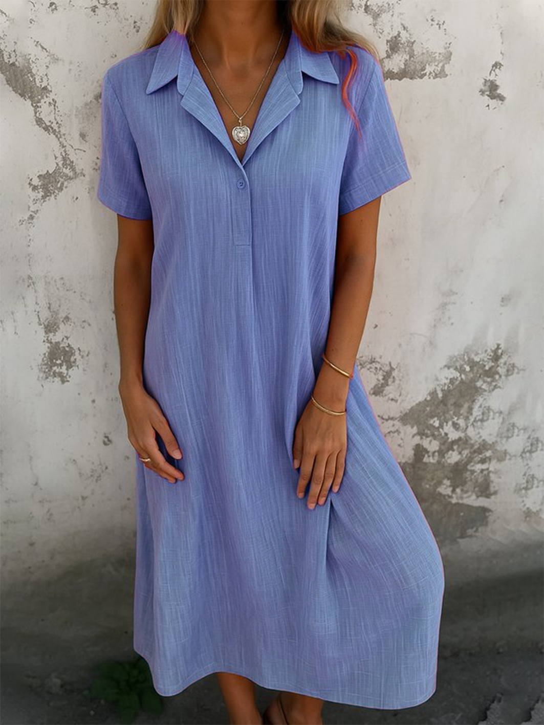 Women Plain Short Sleeve Summer Dress Shirt Collar Daily Casual Maxi A-Line Dress