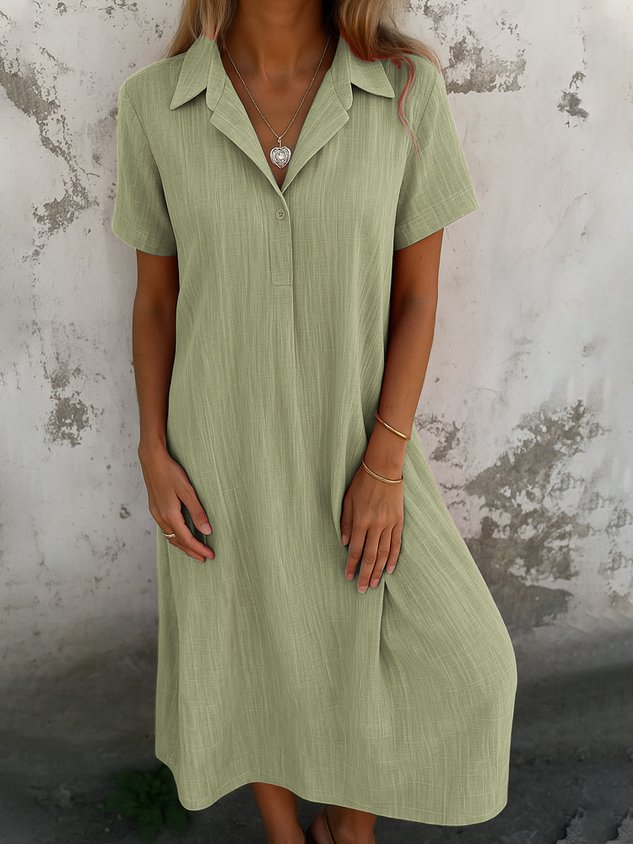 Women Plain Short Sleeve Summer Dress Shirt Collar Daily Casual Maxi A-Line Dress