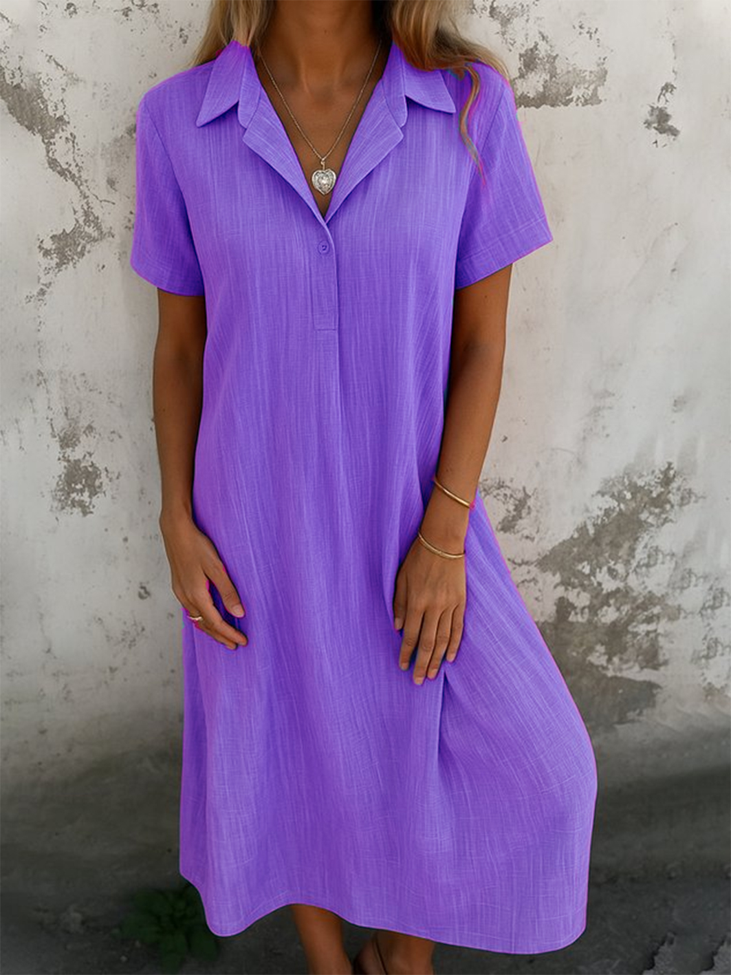 Women Plain Short Sleeve Summer Dress Shirt Collar Daily Casual Maxi A-Line Dress