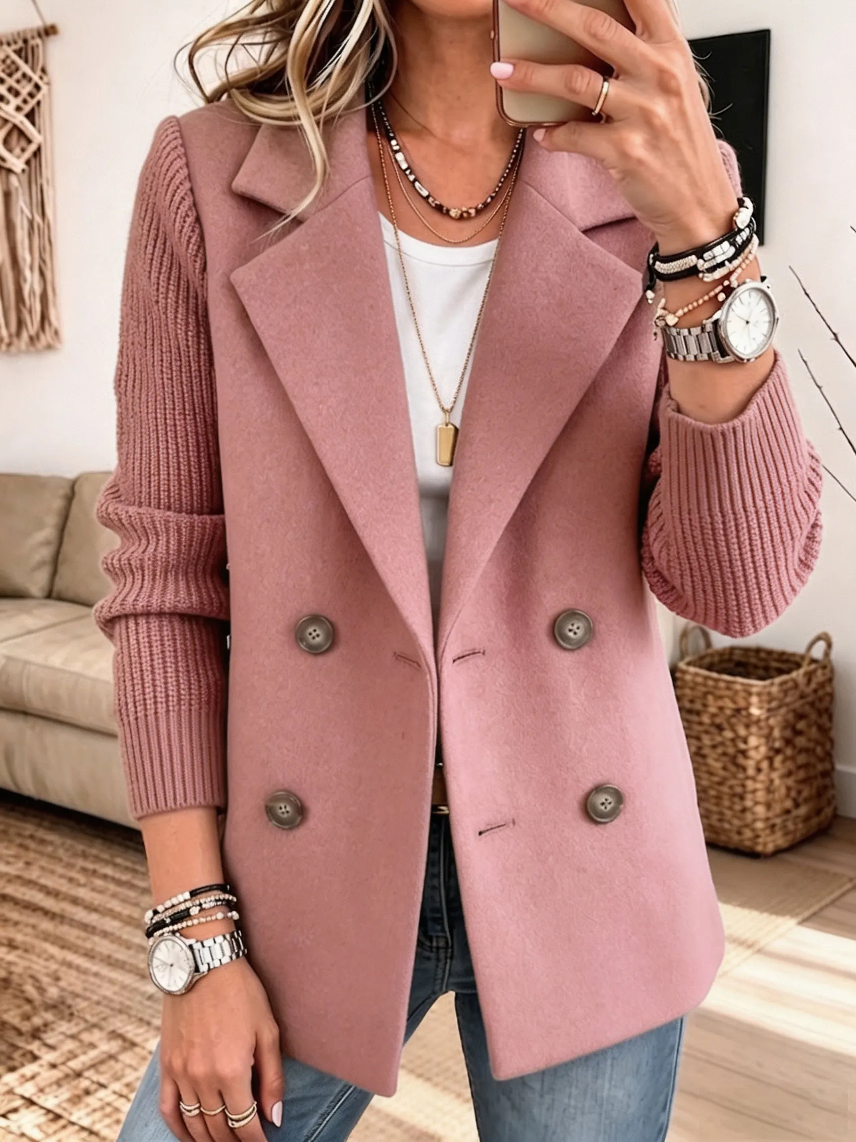 Women Mixed Media Blazer, Knit Sleeve Double‐Breasted Lapel Wool‐Blend Jacket