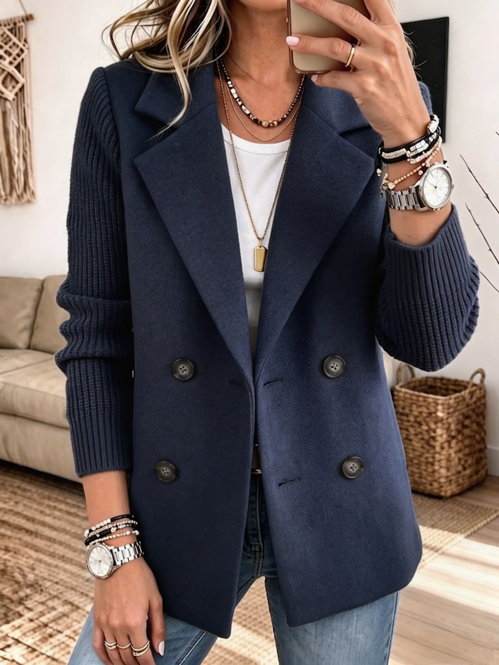 Women Mixed Media Blazer, Knit Sleeve Double‐Breasted Lapel Wool‐Blend Jacket