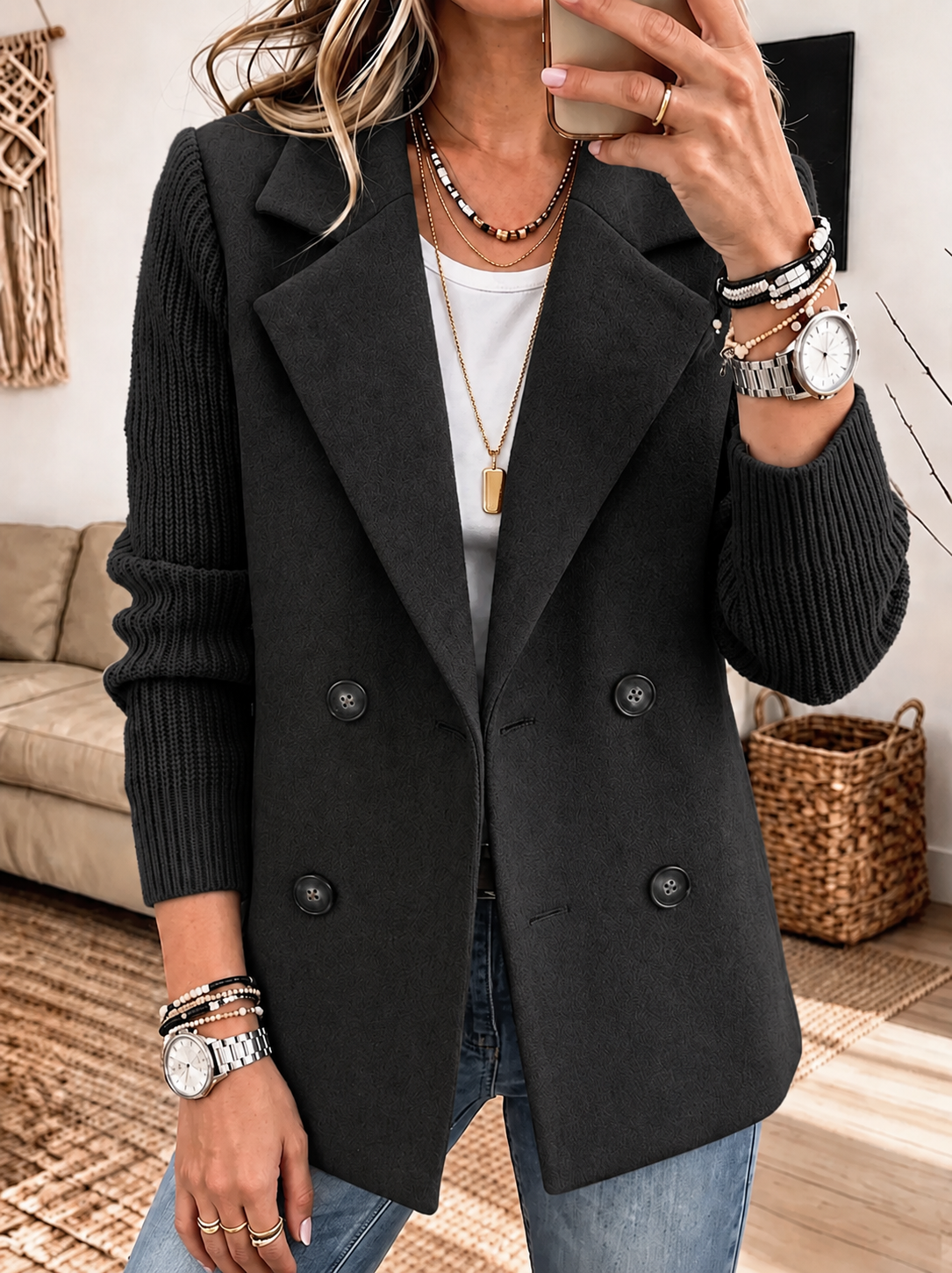 Women Mixed Media Blazer, Knit Sleeve Double‐Breasted Lapel Wool‐Blend Jacket