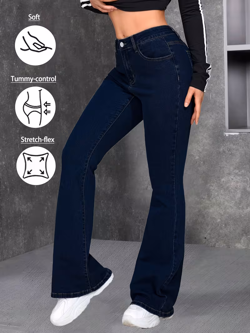 Women Blue Flared Jeans High Rise Stretch Denim Pants Soft Comfortable Fit Slim Silhouette Fashion Forward Trendy Modern Style Versatile Casual Attire Chic Look Durable Quality Easy Matching Figure Flattering Essential Casual Denim Bottoms