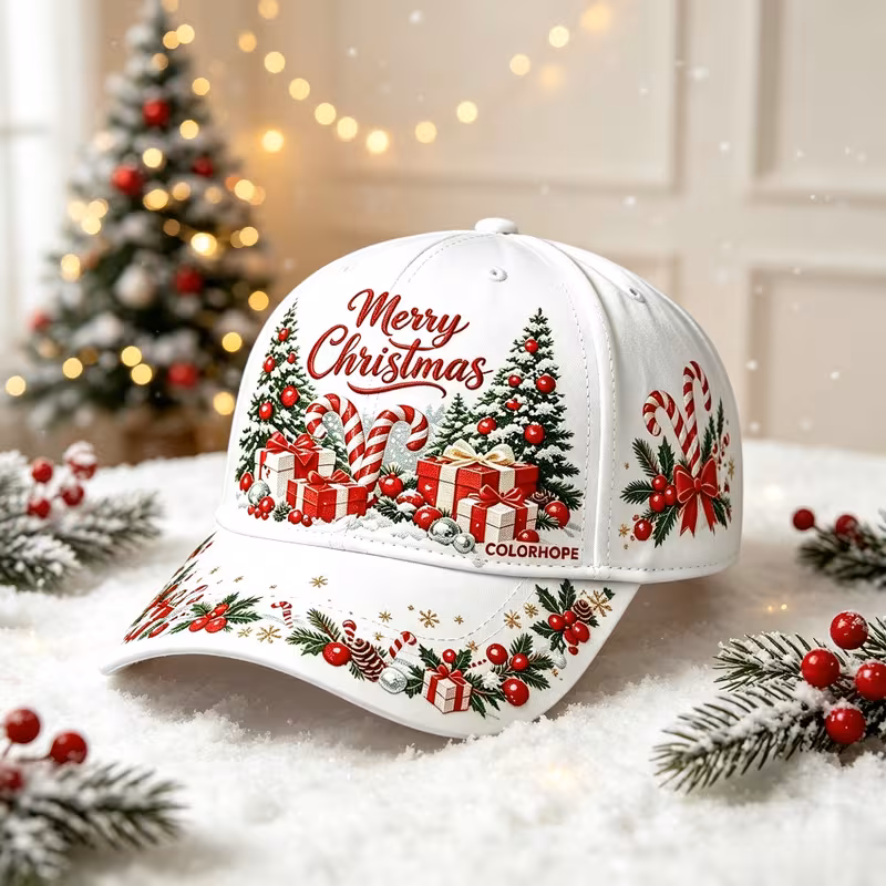 Fashionable White Baseball Cap with Christmas Tree, Gift, And Candy Print Patterns, Adjustable for Both Men And Women, Suitable for Holidays And Daily Wear, Christmas And New Year Gifts