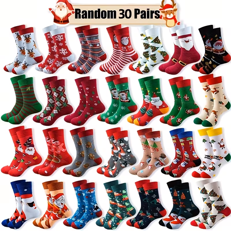 30 Pairs of Random Christmas Socks Fun Reindeer Snowflakes Santa Claus Christmas Tree Gingerbread Reindeer Warm Socks Cartoon Pattern Christmas Gift for Both Men And Women