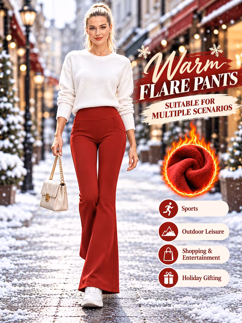 Women'S High Waist Fleece Lined Flared Yoga Pants, Stretchy Slim Trousers with Pockets, Solid Thermal Flare Leggings for Workout And Daily Wear