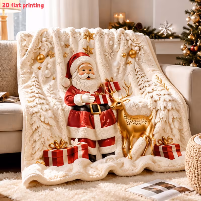 2D Flat 1pc Santa And Reindeer Printed Flannel Blanket - Festive Atmosphere Design, Cozy And Warm for Sofa, Sofa Bed, And Christmas Decor, Perfect Gift for Family And Friends, Enhancing Winter Wonderland Ambiance