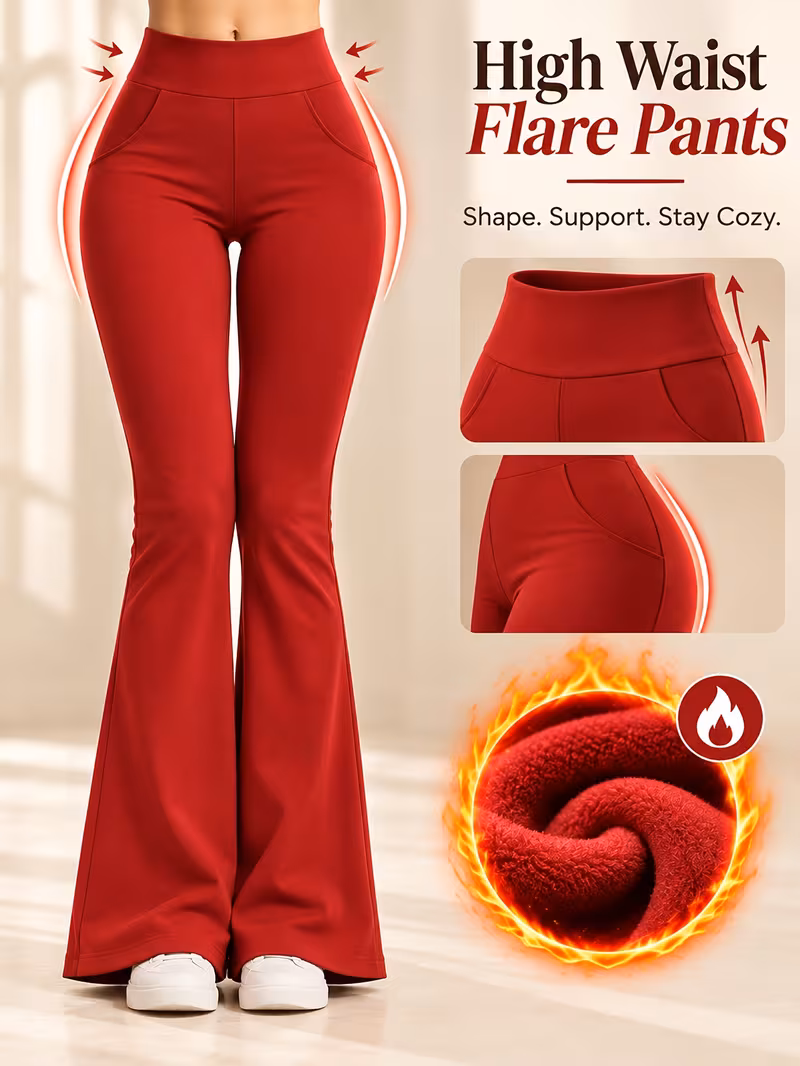Women'S High Waist Fleece Lined Flared Yoga Pants, Stretchy Slim Trousers with Pockets, Solid Thermal Flare Leggings for Workout And Daily Wear
