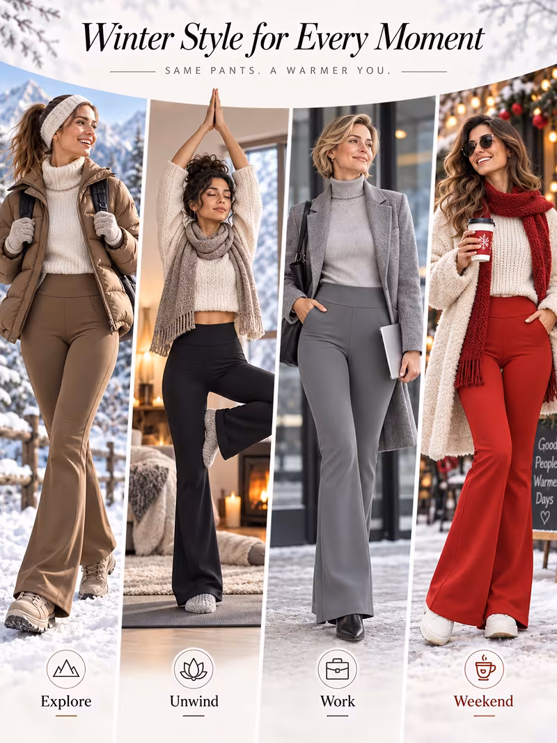Women'S High Waist Fleece Lined Flared Yoga Pants, Stretchy Slim Trousers with Pockets, Solid Thermal Flare Leggings for Workout And Daily Wear