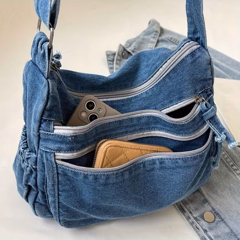 Lightweight Durable Large Denim Crossbody Tote Bag for Women