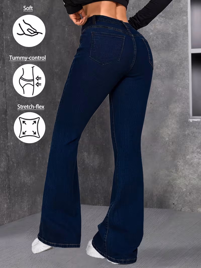 Women Blue Flared Jeans High Rise Stretch Denim Pants Soft Comfortable Fit Slim Silhouette Fashion Forward Trendy Modern Style Versatile Casual Attire Chic Look Durable Quality Easy Matching Figure Flattering Essential Casual Denim Bottoms