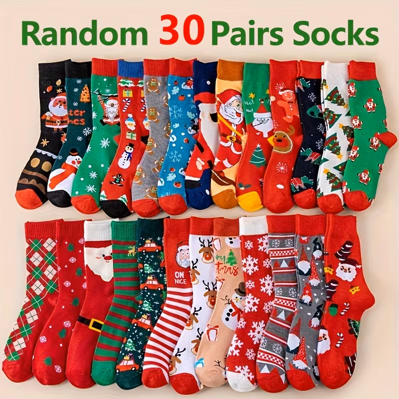 30 Pairs of Random Christmas Socks Fun Reindeer Snowflakes Santa Claus Christmas Tree Gingerbread Reindeer Warm Socks Cartoon Pattern Christmas Gift for Both Men And Women