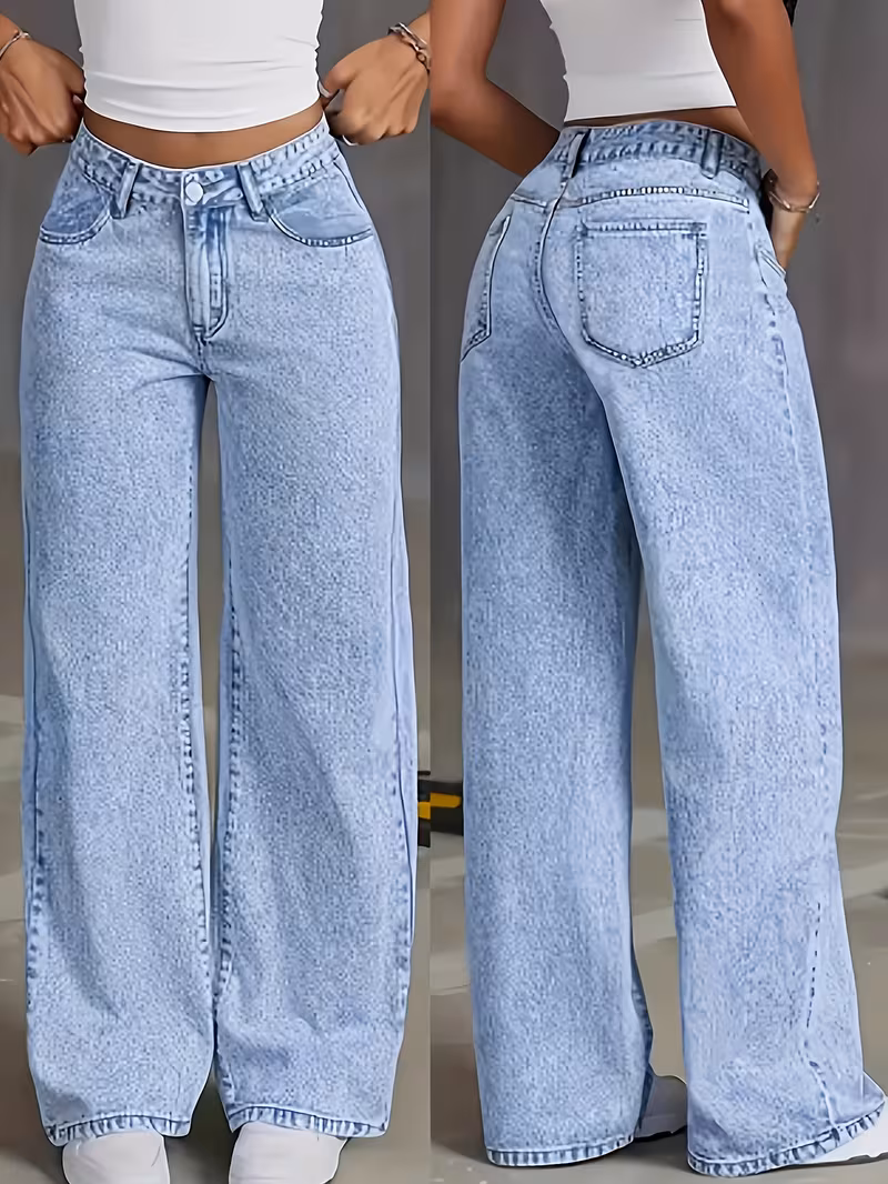 Introducing Fashionable Straight-Leg Jeans for Women That Offer a Relaxed And Comfortable Wide-Leg Design; These Light Blue Acid-Washed Jeans Come with Pockets And Are Perfect for Elegant Occasions; Featuring a High-Waisted, Form-Fitting Style