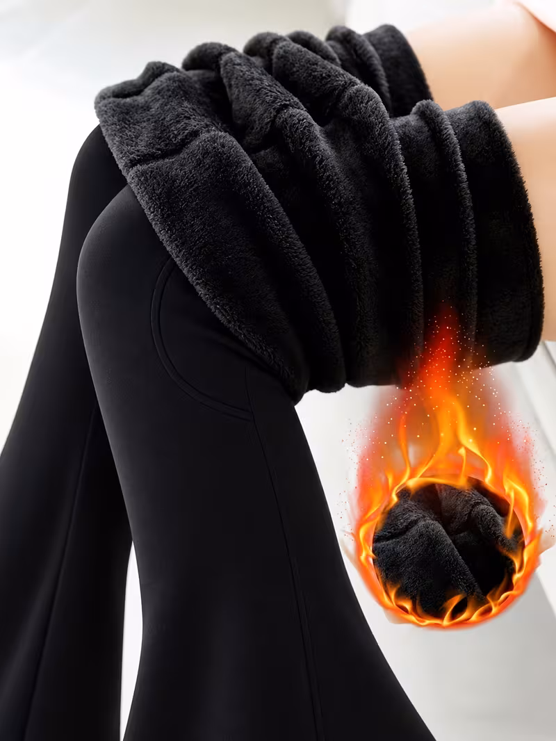 Women'S High Waist Fleece Lined Flared Yoga Pants, Stretchy Slim Trousers with Pockets, Solid Thermal Flare Leggings for Workout And Daily Wear
