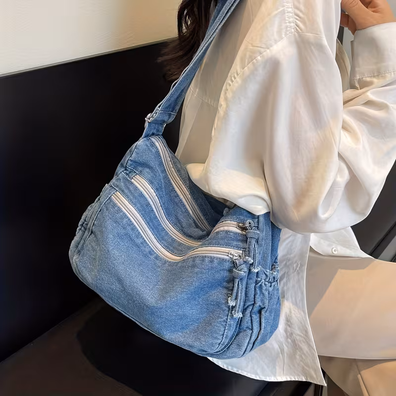 Lightweight Durable Large Denim Crossbody Tote Bag for Women