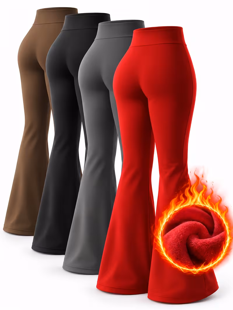 Women'S High Waist Fleece Lined Flared Yoga Pants, Stretchy Slim Trousers with Pockets, Solid Thermal Flare Leggings for Workout And Daily Wear