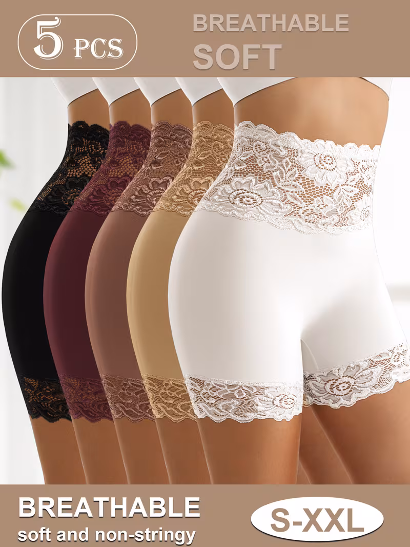5-Pack Women's Elegant High-Waist Underwear - Full Floral Lace Briefs, Non-Binding Soft Lightweight Panties Suitable for Casual & Special Occasions, S-XXL Sizes, Solid