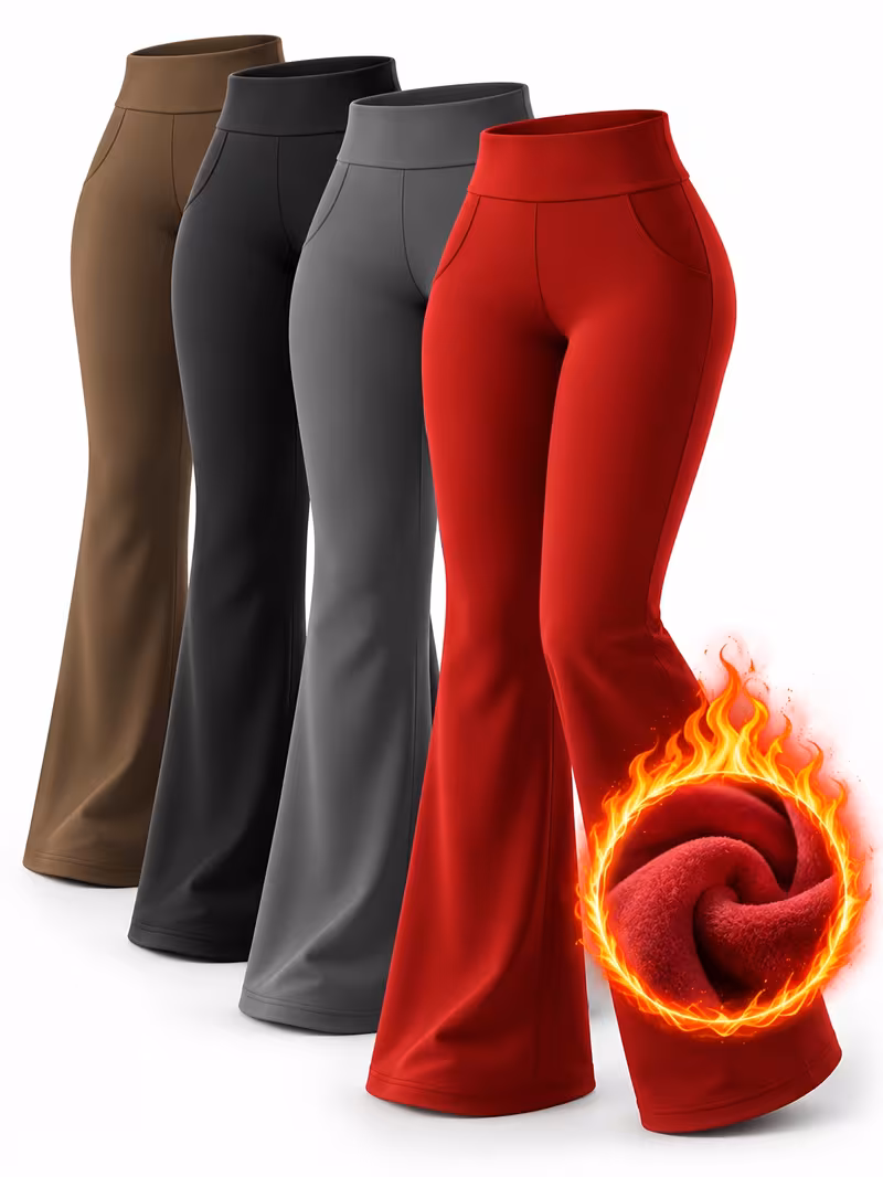 Women'S High Waist Fleece Lined Flared Yoga Pants, Stretchy Slim Trousers with Pockets, Solid Thermal Flare Leggings for Workout And Daily Wear