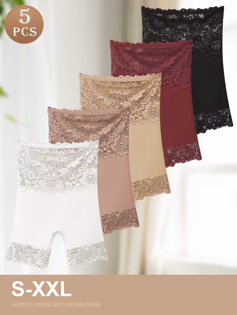 5-Pack Women's Elegant High-Waist Underwear - Full Floral Lace Briefs, Non-Binding Soft Lightweight Panties Suitable for Casual & Special Occasions, S-XXL Sizes, Solid 