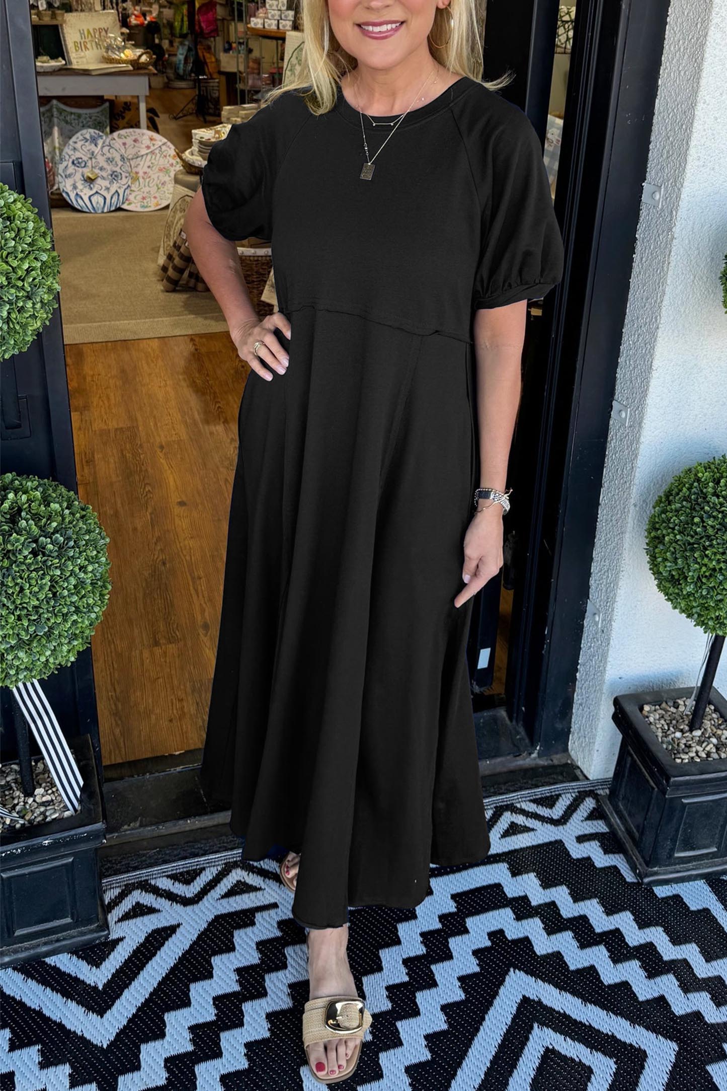 🔥Women's Solid Color Puff Sleeve Round Neck Long Dress(Buy 2 Free Shipping)