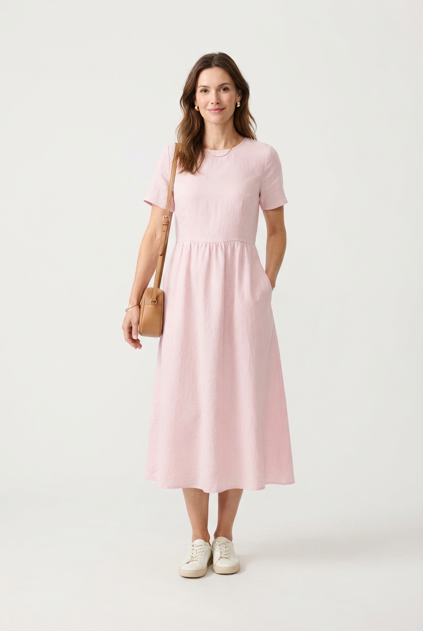 Pastel midi dress worn by model in studio.