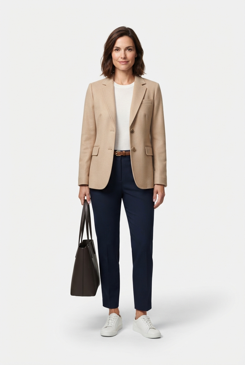 Beige relaxed blazer on model in studio.
