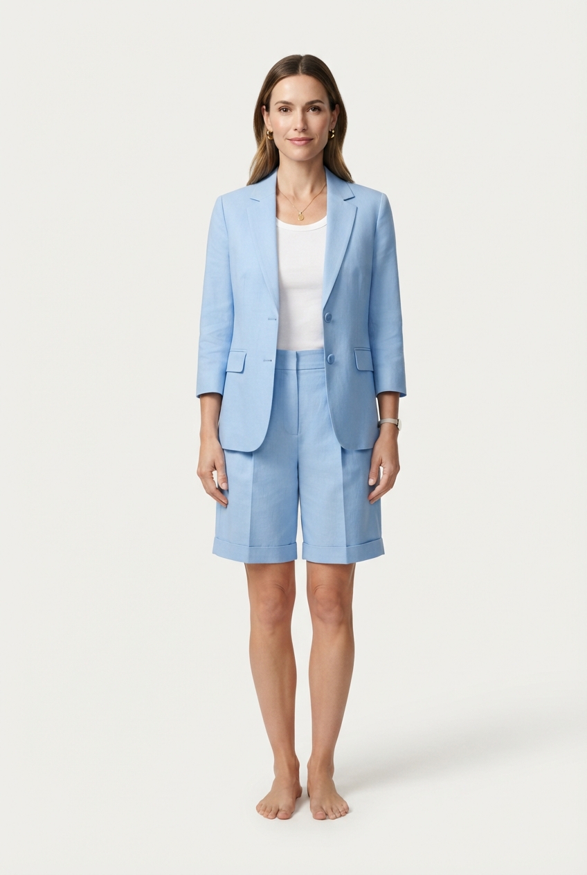 Light blue blazer and shorts set on model.
