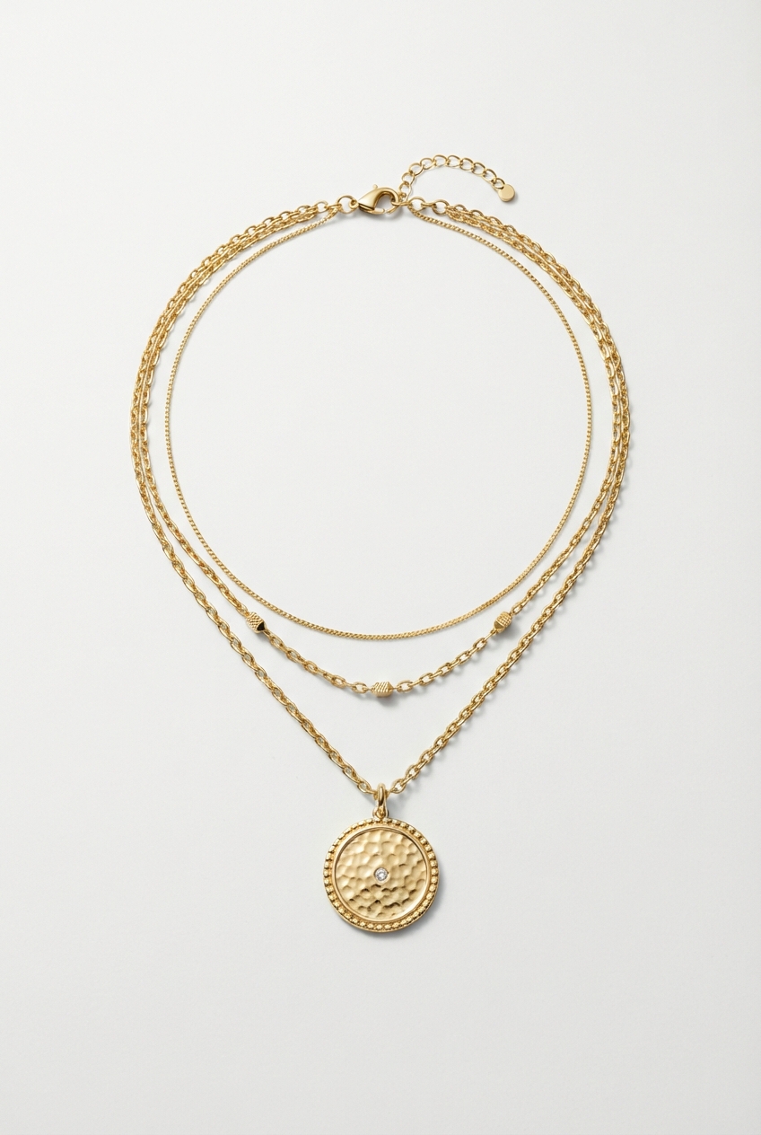 Gold layered necklace on matte background.