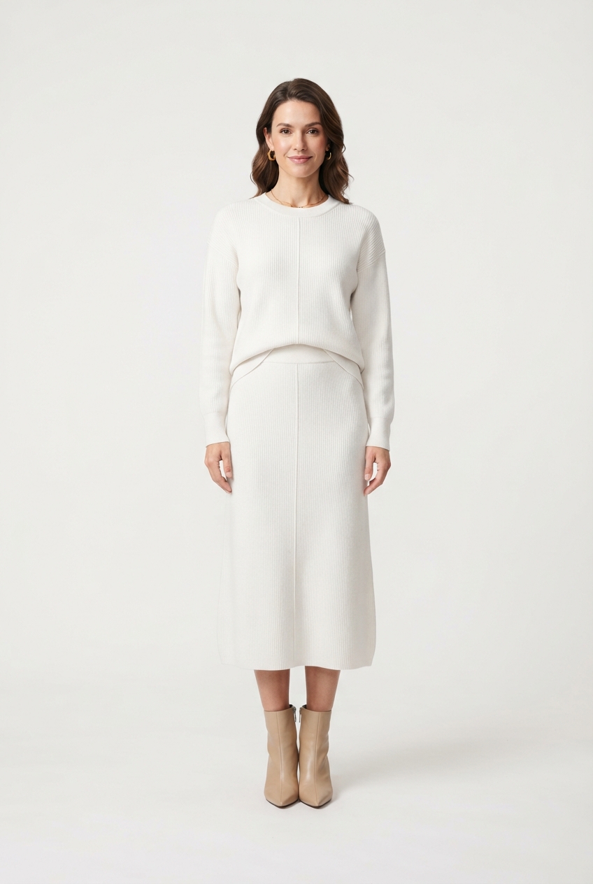 Ivory knit sweater and midi skirt set on model.