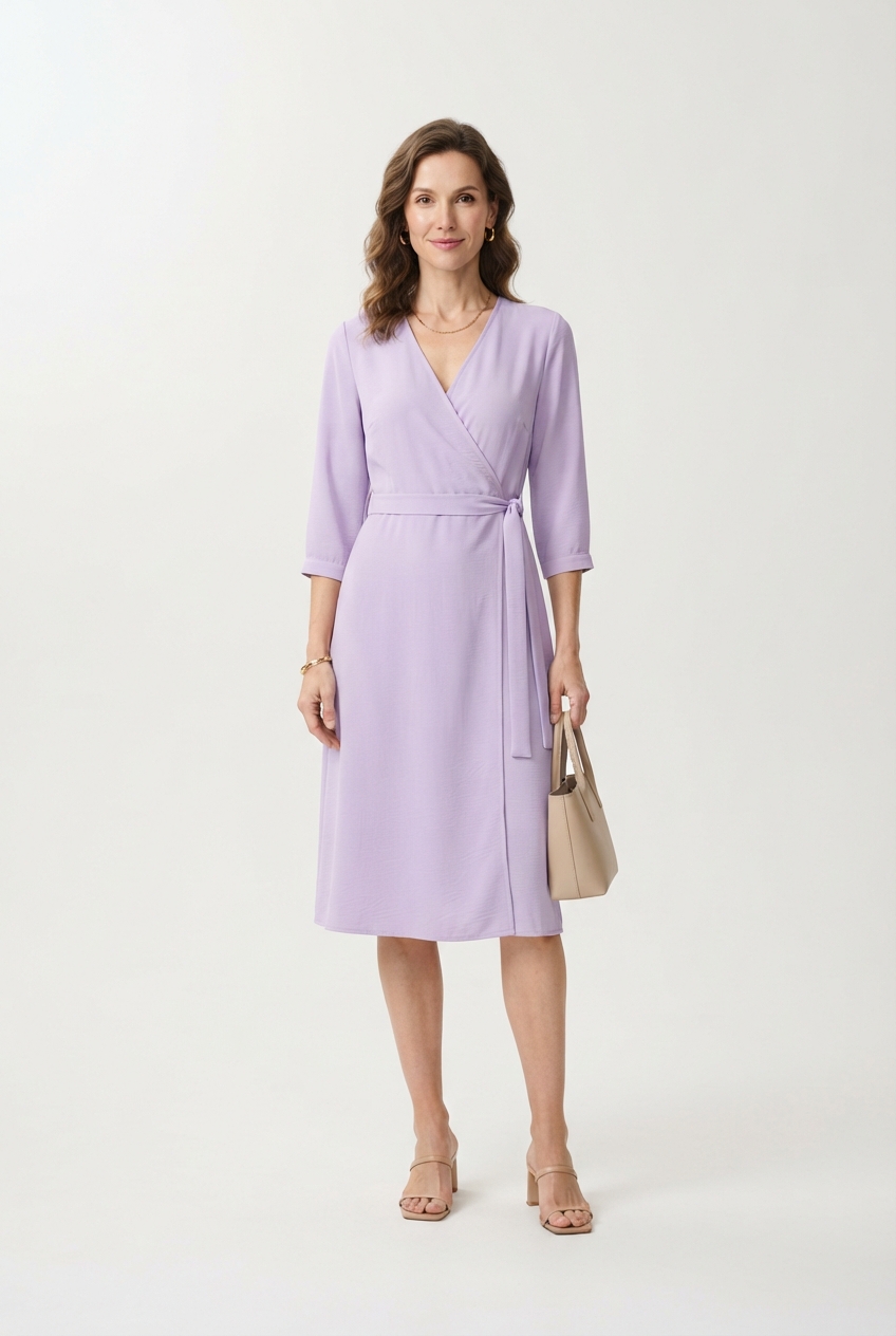 Lavender floral wrap dress on model.