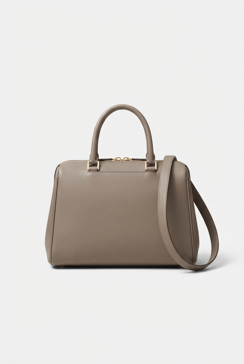 Taupe structured crossbody bag on studio background.