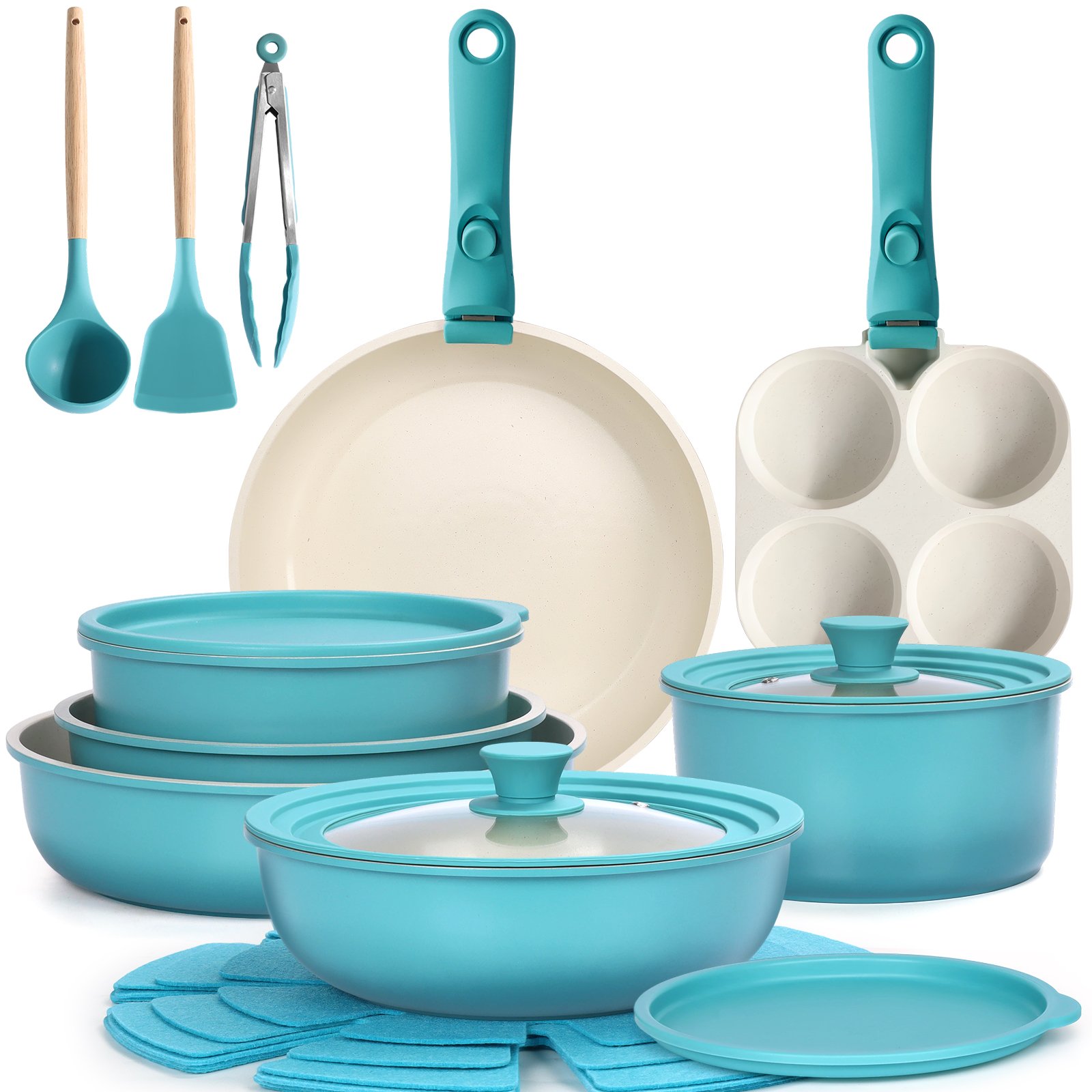 GIPP  21 Piece Pots and Pans Set Non Stick,with 12 inch Frying Pan,Cookware Set with Detachable Handles, Safe for Ovens and Dishwashers,Induction Cookware-GiPP