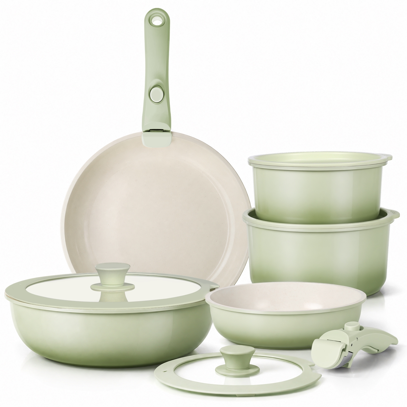 GIPP 11pcs Ceramic Cookware Sets, Pots and Pans Set Non Stick with Removable Handle, Oven & Dishwasher Safe,Induction Cookware, Kitchen Cooking Set for RV Trips and Camping