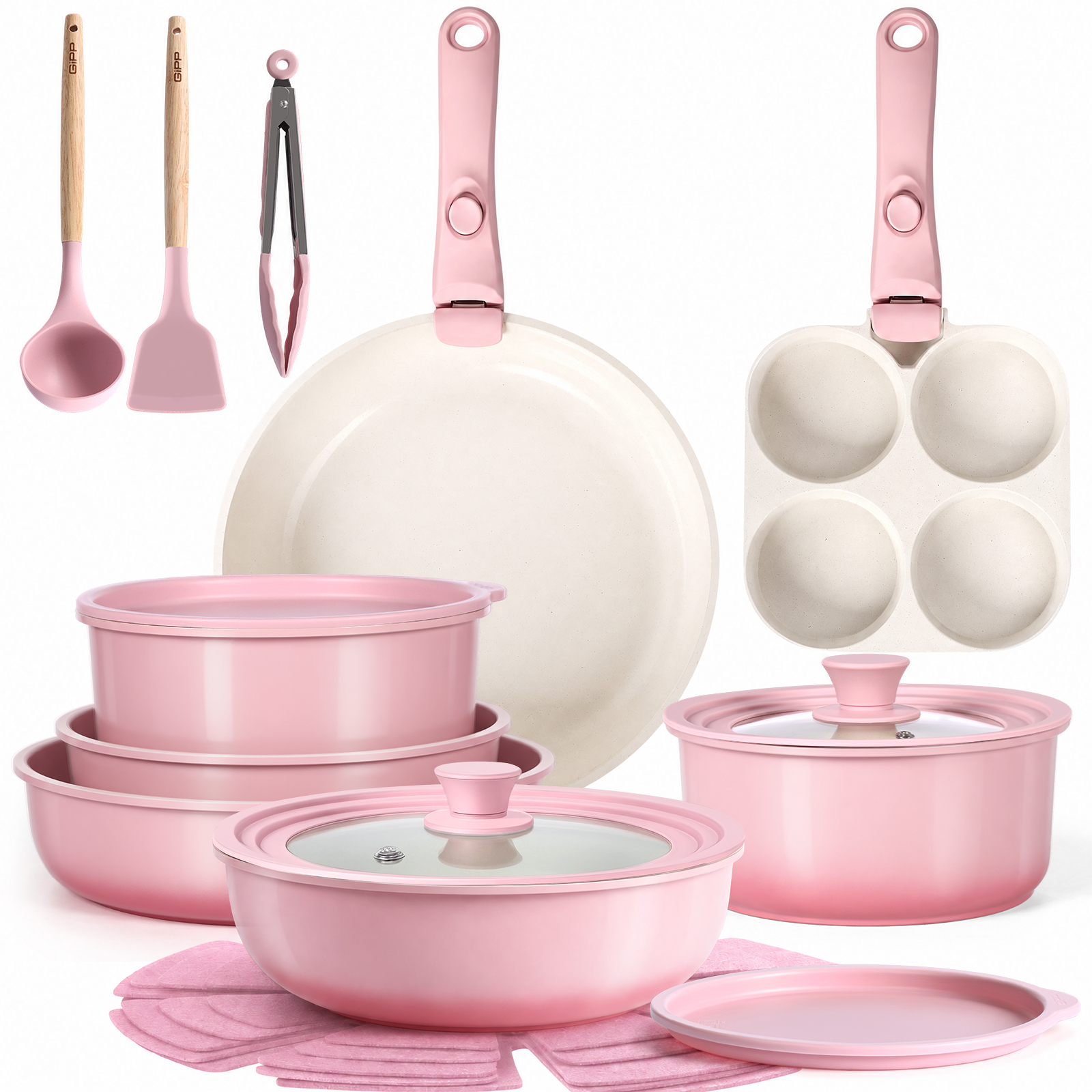 GIPP 21 Piece Pots and Pans Set Non Stick,with 12 inch Frying Pan,Cookware Set with Detachable Handles, Safe for Ovens and Dishwashers,Induction Cookware