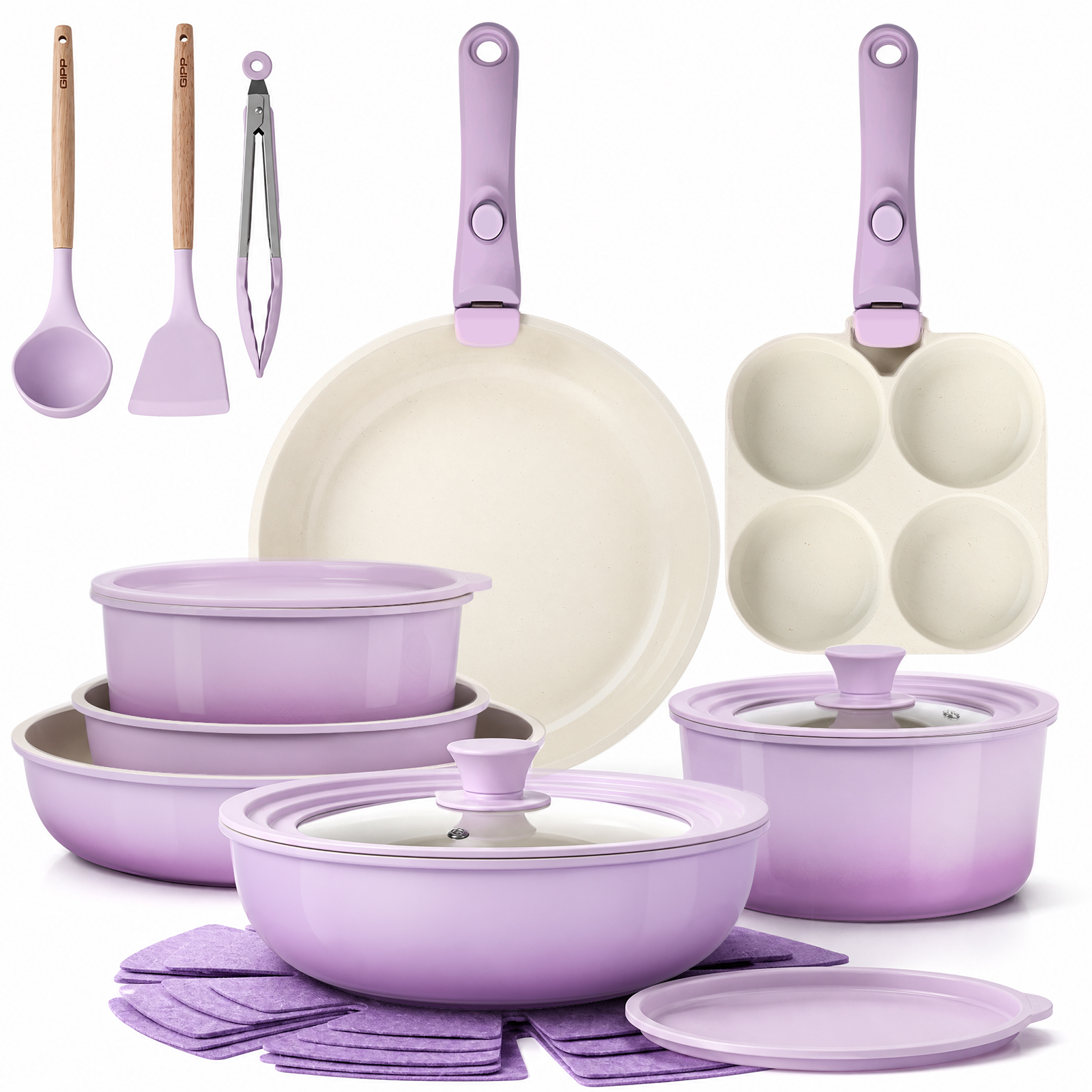 GIPP 21 Piece Pots and Pans Set Non Stick,with 12 inch Frying Pan,Cookware Set with Detachable Handles, Safe for Ovens and Dishwashers,Induction Cookware
