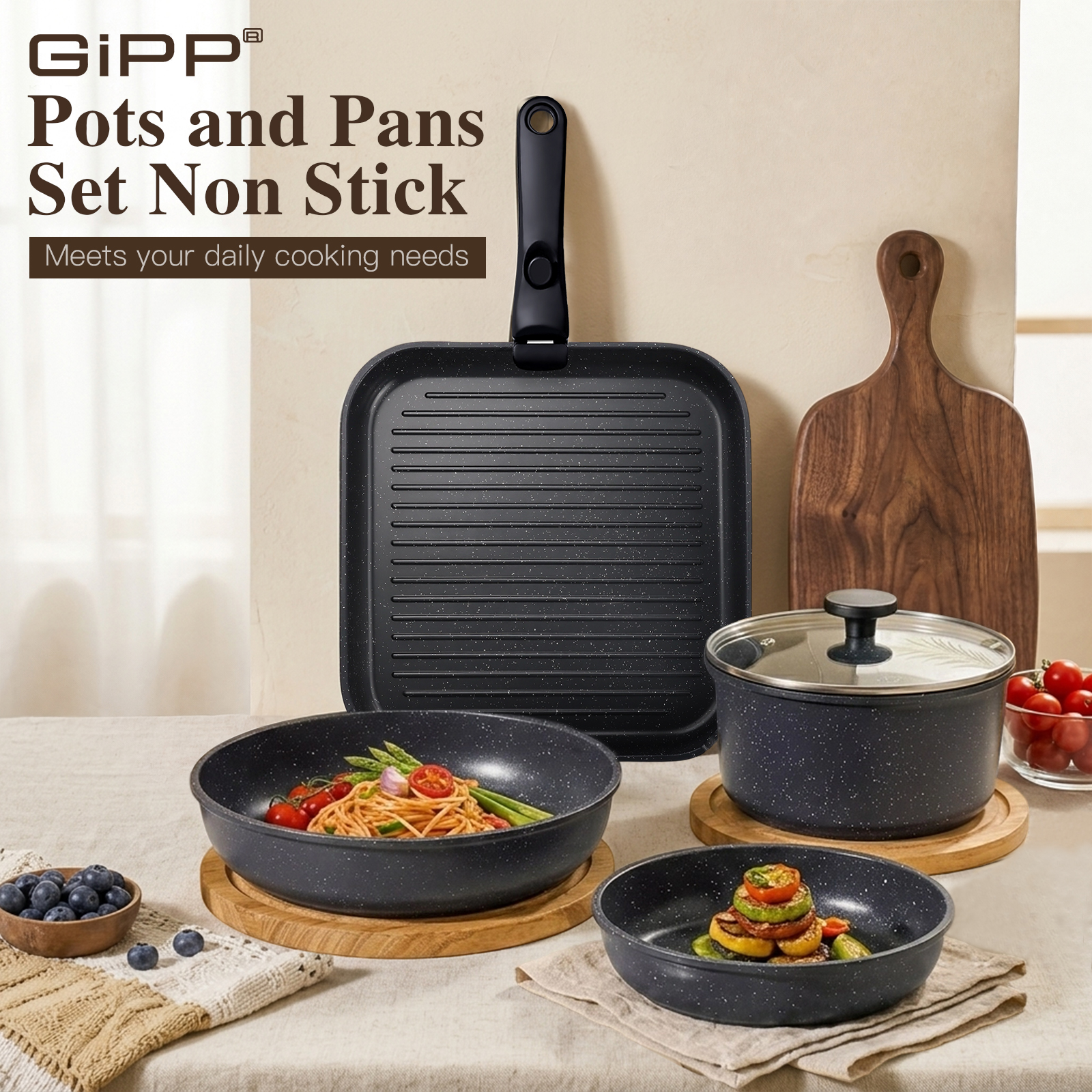 Gipp 18pcs kitchen cookware sets, Non Stick Pots and Pans Set with Removable Handle, Oven & Dishwasher Safe,Induction Cookware