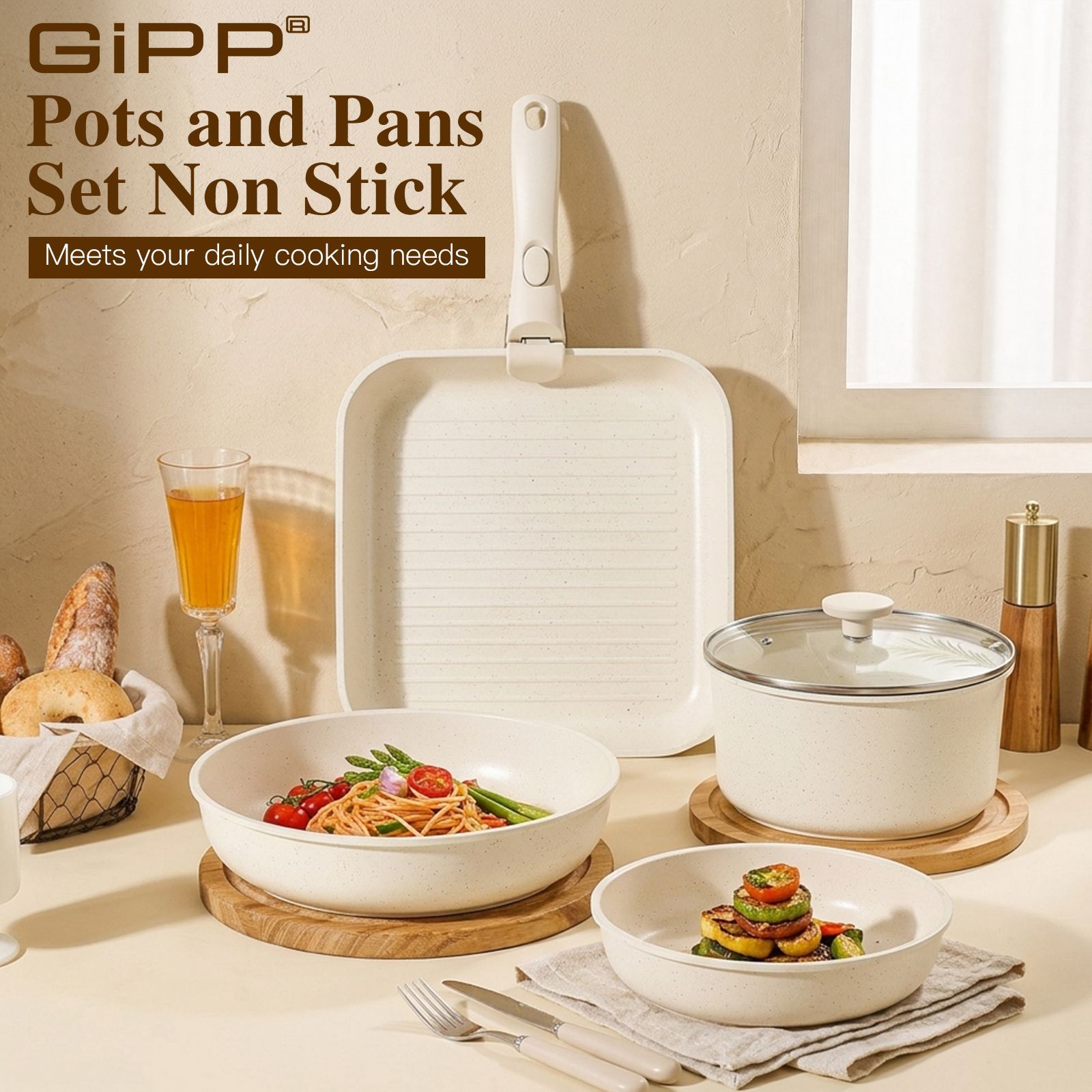 Gipp 18pcs kitchen cookware sets, Non Stick Pots and Pans Set with Removable Handle, Oven & Dishwasher Safe,Induction Cookware