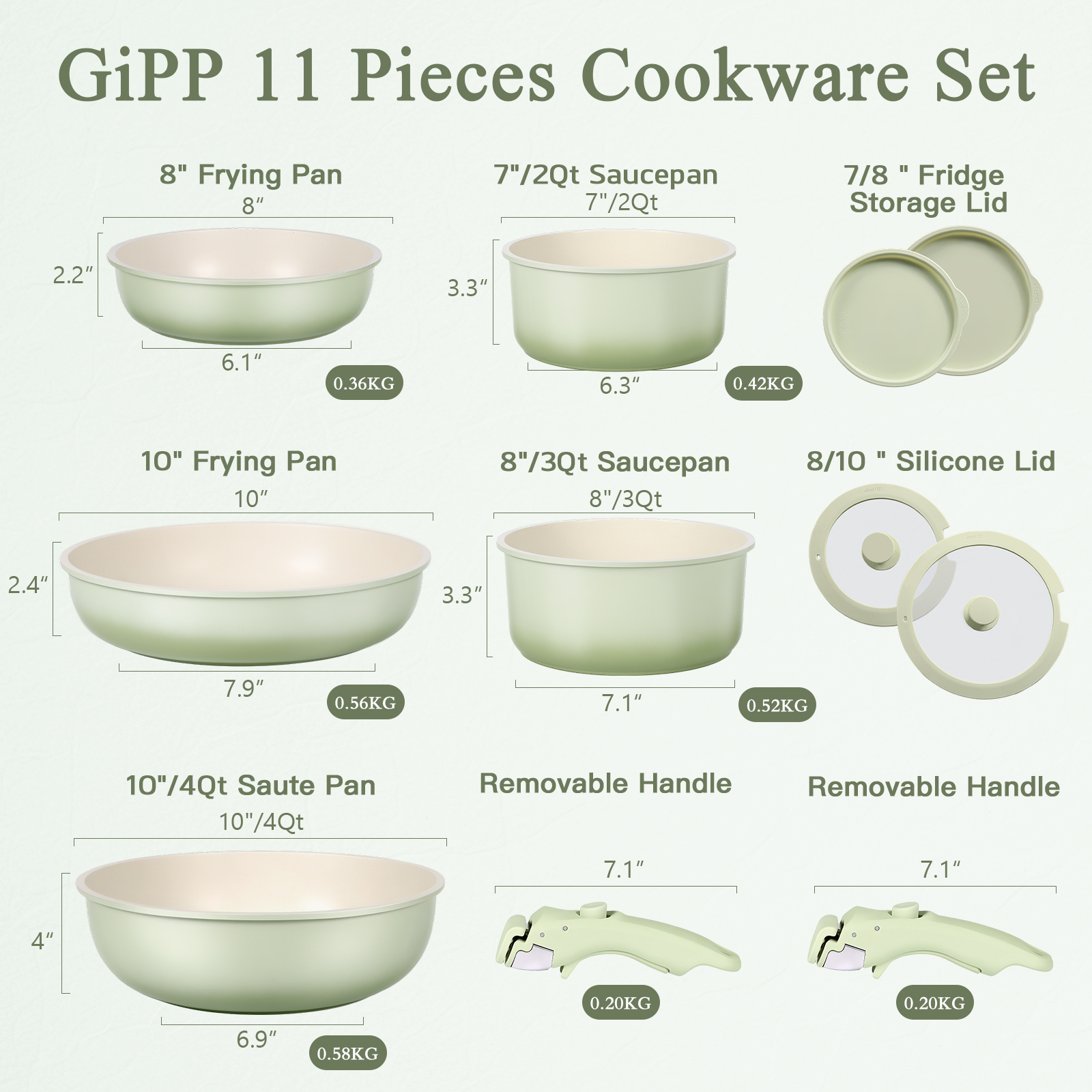 GIPP 11pcs Ceramic Cookware Sets, Pots and Pans Set Non Stick with Removable Handle, Oven & Dishwasher Safe,Induction Cookware, Kitchen Cooking Set for RV Trips and Camping