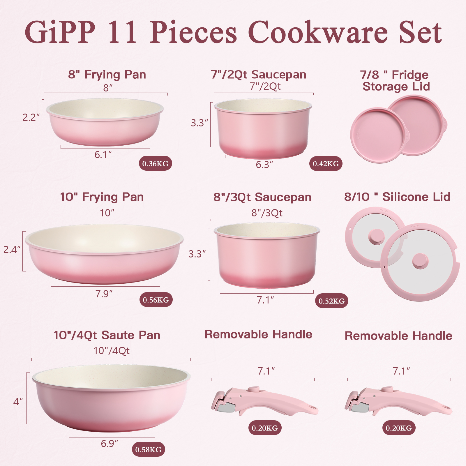 GIPP 11pcs Ceramic Cookware Sets, Pots and Pans Set Non Stick with Removable Handle, Oven & Dishwasher Safe,Induction Cookware, Kitchen Cooking Set for RV Trips and Camping