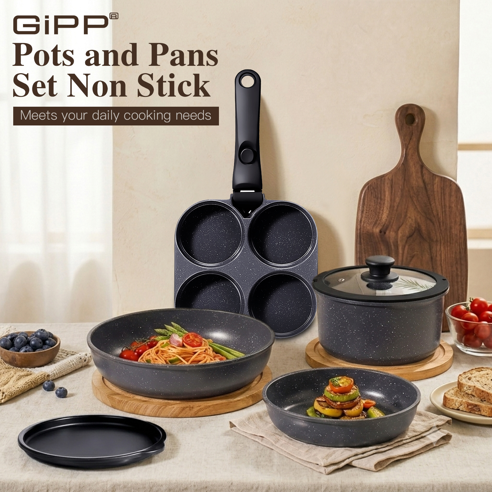 Gipp 11 Pcs Ceramic Nonstick Cookware Sets,Pots and Pans Set Non Stick with Removable Handle, Oven Safe to 500°F, Induction Cookware, Stackable RV Kitchen Cooking Set