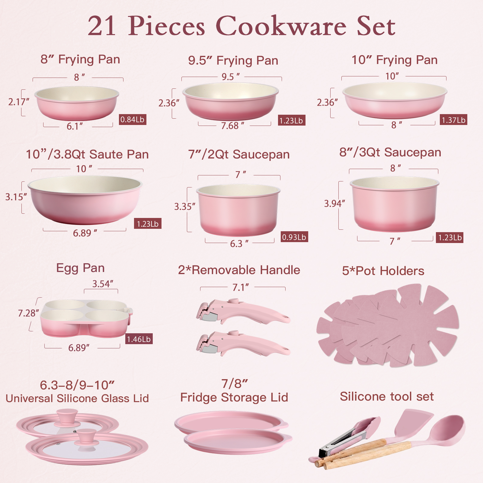 GIPP 21 Piece Pots and Pans Set Non Stick,with 12 inch Frying Pan,Cookware Set with Detachable Handles, Safe for Ovens and Dishwashers,Induction Cookware