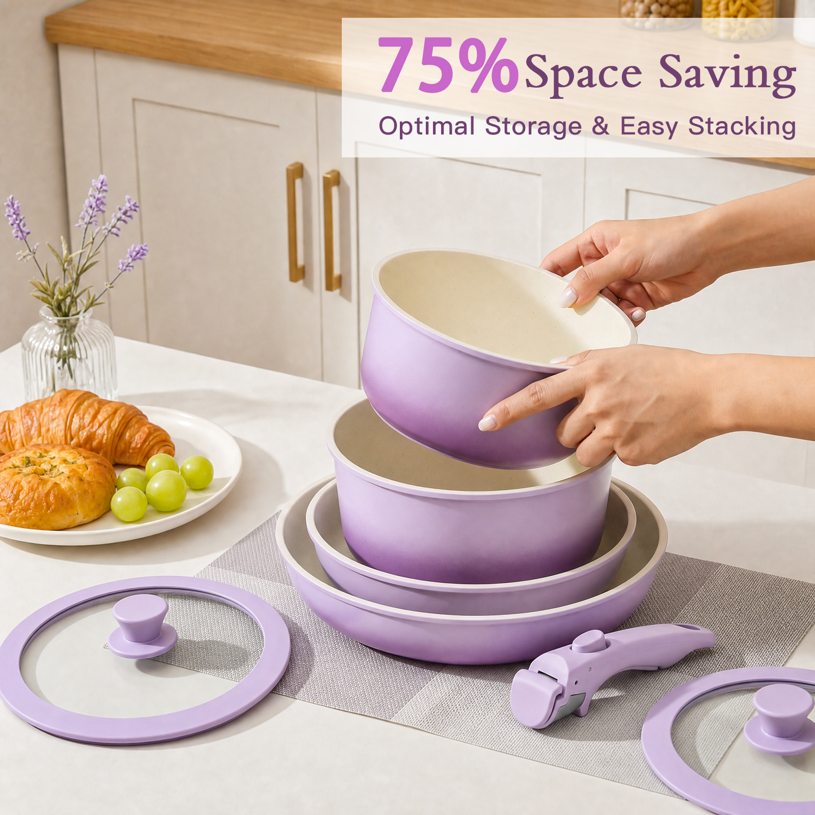 GIPP 11pcs Ceramic Cookware Sets, Pots and Pans Set Non Stick with Removable Handle, Oven & Dishwasher Safe,Induction Cookware, Kitchen Cooking Set for RV Trips and Camping