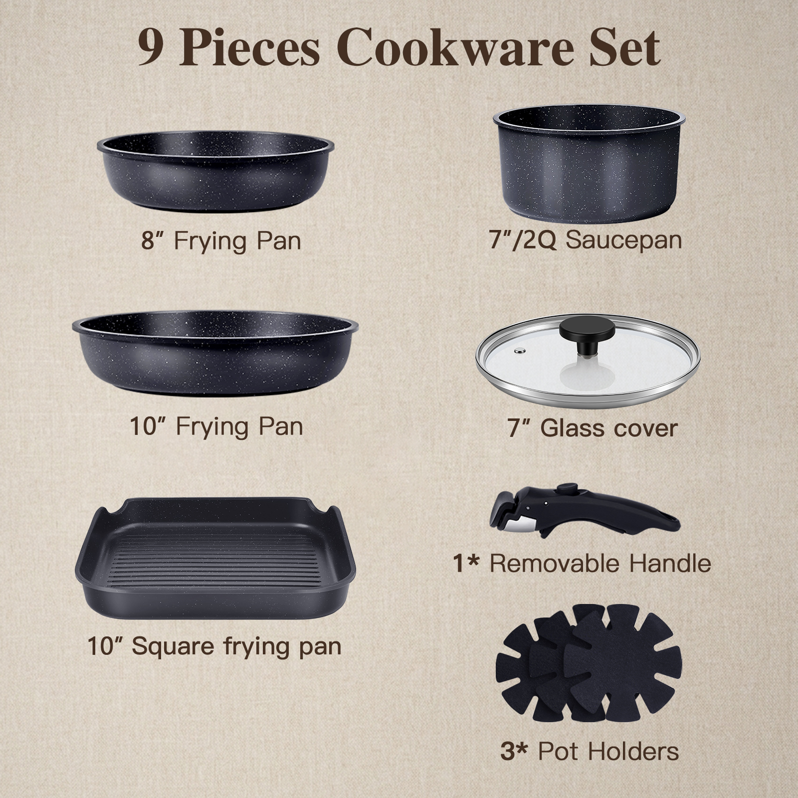 Gipp 18pcs kitchen cookware sets, Non Stick Pots and Pans Set with Removable Handle, Oven & Dishwasher Safe,Induction Cookware