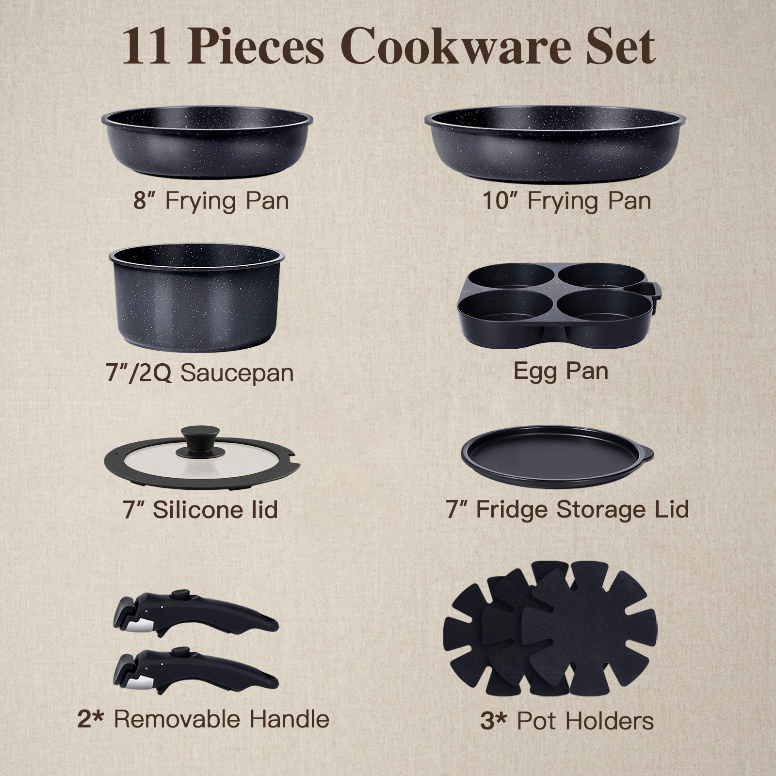 Gipp 11 Pcs Ceramic Nonstick Cookware Sets,Pots and Pans Set Non Stick with Removable Handle, Oven Safe to 500°F, Induction Cookware, Stackable RV Kitchen Cooking Set